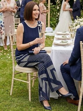 Peruzzi Italy Navy Blue Geometric Stripe Wide Leg Pants - Size Large